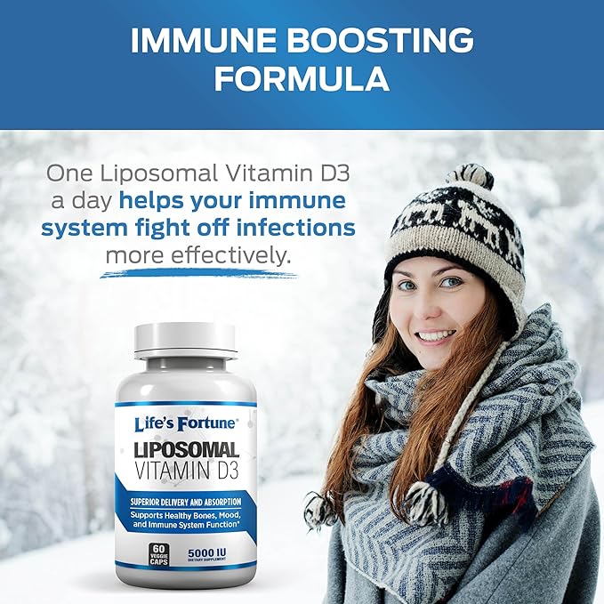 Life's Fortune Liposomal Vitamin D3 5000 IU Supplement Non-GMO, High Absorption, Supports Healthy Bones Mood and Immune System Function, 60 Veggie Caps