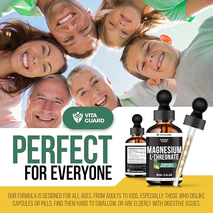 Magnesium L-Threonate Liquid Drops – 500mg High-Absorption Brain Support, Pineapple Flavor, 60ML Vegan, Gluten-Free, Non-GMO