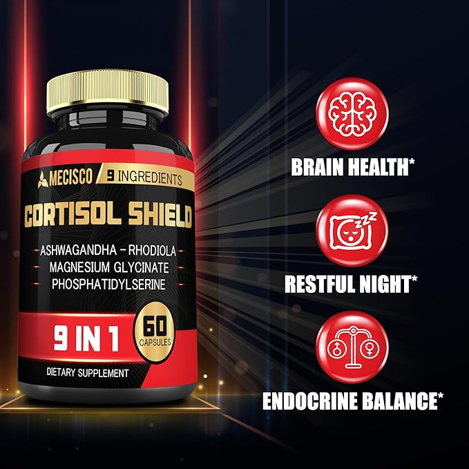 9in1 Cortisol Shield - Ashwagandha & Magnesium Glycinate, Rhodiola, Phosphatidylserine, L-Theanine, Licorice Root, St. John's Wort, Lions Mane - Mind & Mood, Restful Night Support - 60 Capsules