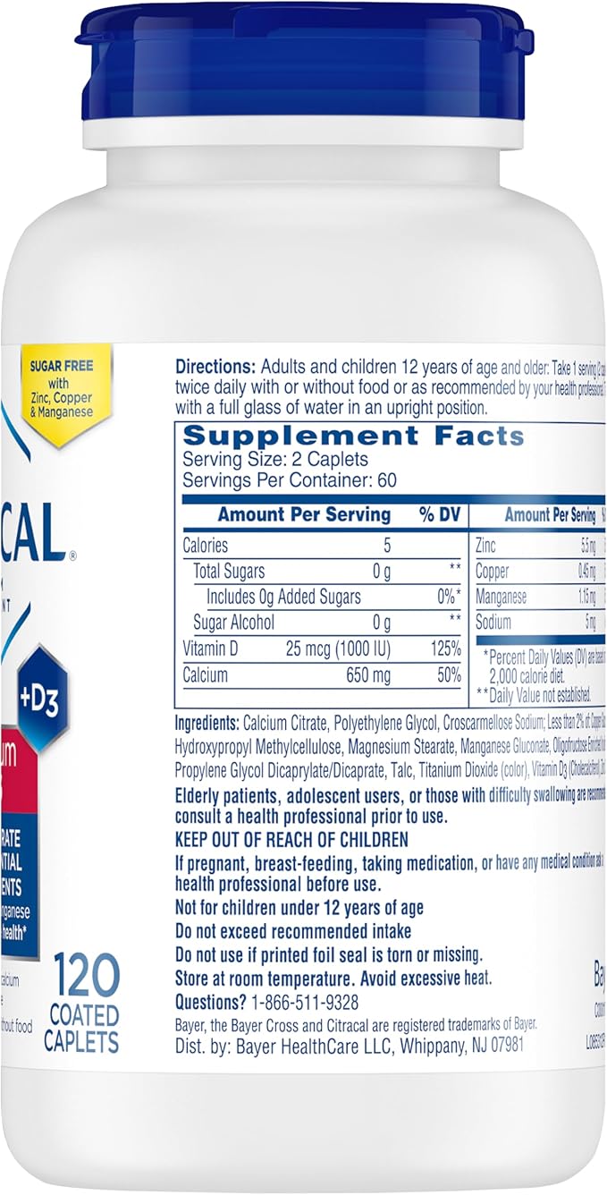 Citracal Maximum Plus, 650 mg Calcium Citrate, easily absorbed and highly soluble with 25 mcg (1000 IU) Vitamin D3, Bone Health Support, Calcium Supplement for Ages 12+, 120 Count