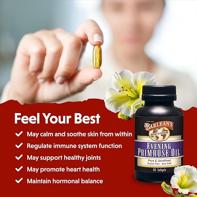 Barlean's Evening Primrose Oil Softgels with Gamma-Linolenic Acid (GLA) - Non-GMO, Gluten-Free - 60-Softgels