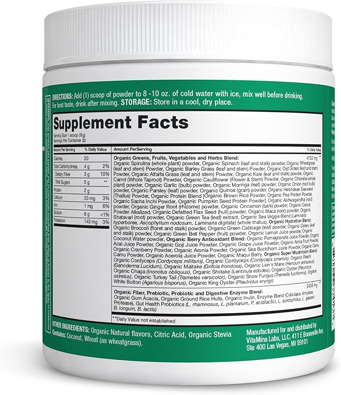 Organic Super Greens Powder, 70+ Superfoods, 0 Sugar, 3G Fiber, Spirulina, Chlorella, Antioxidants, Prebiotics/Probiotics, Digestive Enzymes, Mango, 30 Servings