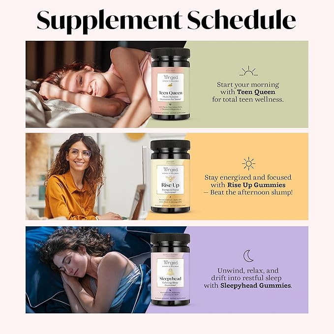 Winged Wellness Multivitamin Gummies for Teen Girls - Teen Vitamins for Mood & Hormonal Health - Vegan Gummy Supplement with Chaste Tree, Lemon Balm, L-Theanine, Probiotics & Biotin - 50 Gummies