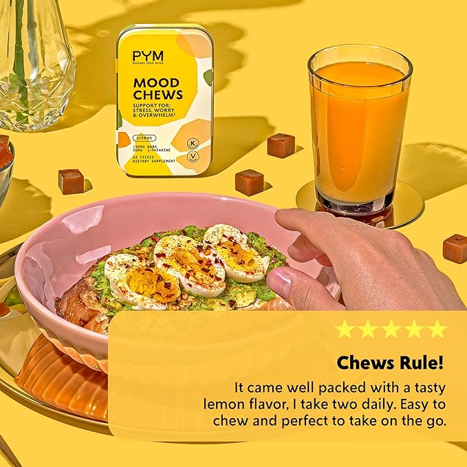 PYM Citrus Mood Chews Support for Stress, Worry & Overwhelm, 20 Count | 130mg GABA, 90mg L-Theanine | Vegan, Non-GMO, Gluten-Free, No Added Sugar | All-Natural Mood Balance Supplement Made in USA