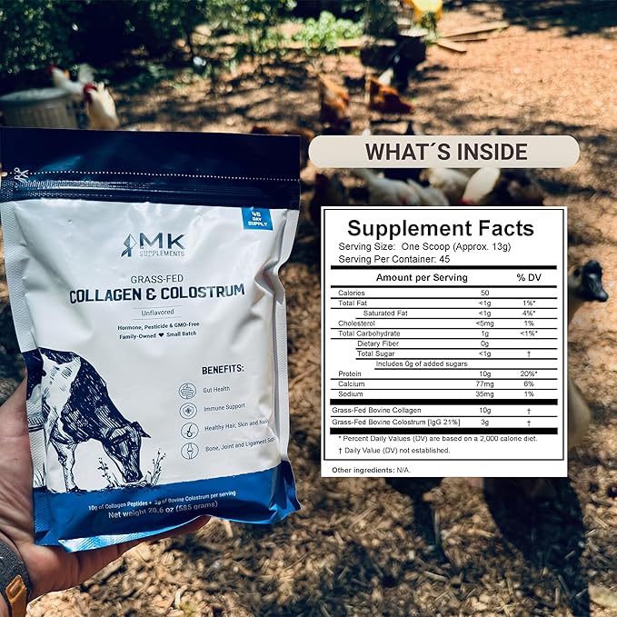 MK Supplements Grass-Fed Collagen & Colostrum Supplement, 45 Servings, Non-GMO, Gluten Free, Supports Gut Health, Immunity, Hair, Skin, Nails, Joints