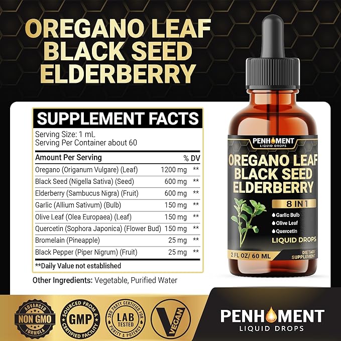 8in1 Oil of Oregano Drops with Black Seed Oil Liquid | Contains Carvacrol | Garlic, Elderberry, Olive Leaf, Quercetin, Bromelain - 2 Fl Oz