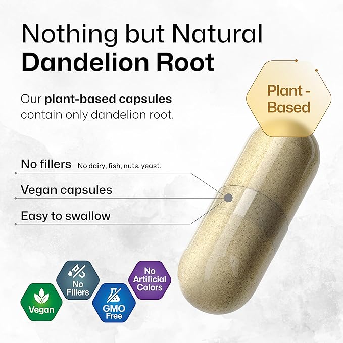 BIO KRAUTER Dandelion Root Capsules - 1800 mg Strength - 100 Count - Dandelion Root Supplement - Vegan Capsules for Liver Support