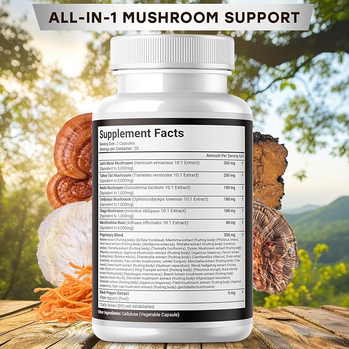 Lions Mane Supplement Cognitive Support, Immune Health with Turkey Tail 20in1 Mushroom Reishi Cordyceps Chaga with Marshmallow Root -180 Count