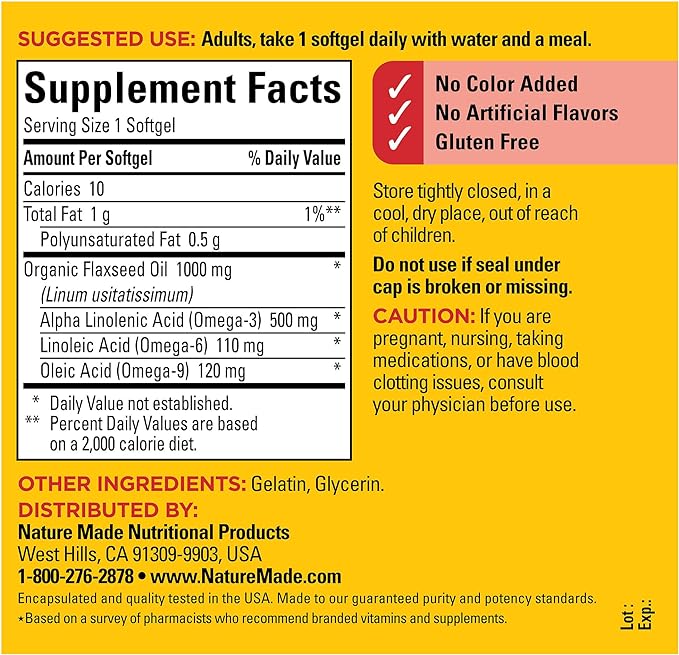 Nature Made Flaxseed Oil 1000 mg, Fish Free Omega 3 Supplement, Dietary Supplement for Heart Health Support, 100 Softgels, 100 Day Supply