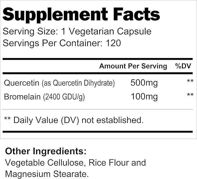 Quercetin 500mg with Bromelain 100mg 120 Vegetarian Capsules | Natural Antioxidant Supplement | Relief Complex | Dihydrate Pure Powder Extract Cap 500 mg Plus