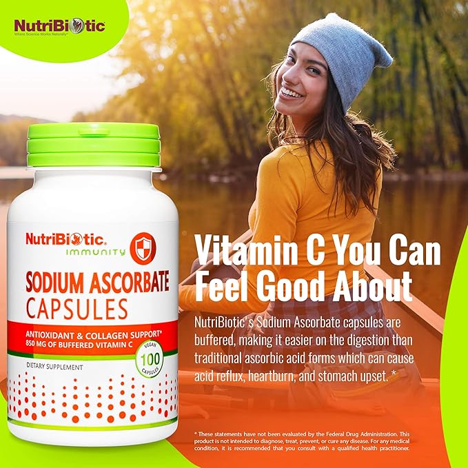 NutriBiotic - Sodium Ascorbate Buffered Vitamin C Capsules, 100 Ct | Vegan, Non-Acidic & Easier on Digestion Than Ascorbic Acid | Essential Immune Support & Antioxidant Supplement | Gluten & GMO Free