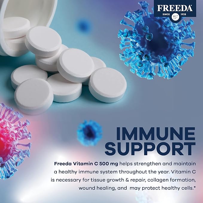 FREEDA Vegan Vitamin C 500mg – Kosher Immune Support & Antioxidant – Helps Maintain Healthy Skin & Hair, Supports Iron Absorption – No Gluten, No Lactose, No Artificial Flavor or Color – 250 Tablets