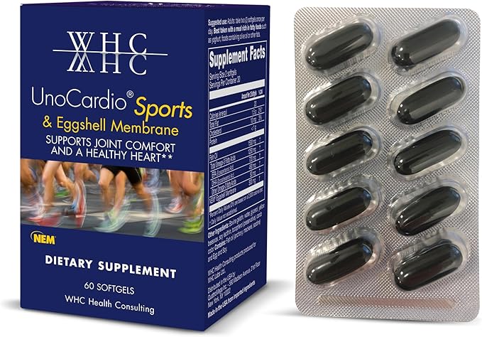 WHC UnoCardio Sports & Eggshell Membrane Fish Oil, Supports Joints & A Healthy Heart,1250 mg of Omega-3, 720 mg EPA, 480 mg DHA, Unflavored, 60 Softgels
