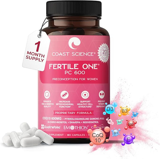 Fertile One PC 600 - Advanced Preconception Supplement with CoQ10 600mg, Nutrient-Rich for Women's Reproductive Health, Ideal for IVF, 180 Vegetable Capsules for Fertility Enhancement