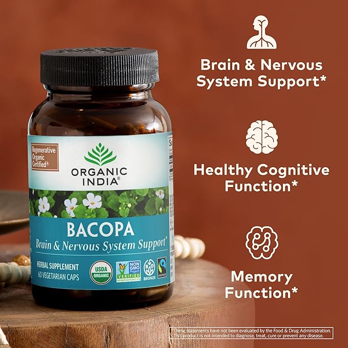 ORGANIC INDIA Bacopa Supplement - Bacopa Monnieri Organic, Brain, Focus, & Memory Support for Women & Men, Ayurvedic Herbs, Non GMO, Fairtrade Certified - 60 Vegan Capsules
