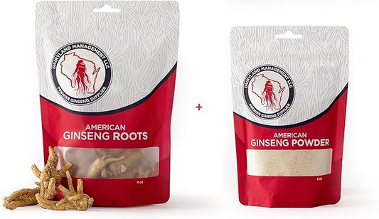 Dairyland American Ginseng Roots and Powder - 4 oz Pack Each of Wisconsin Ginseng – Direct from Farmer to Consumer 西洋参