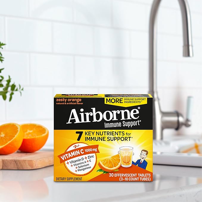 Airborne Vitamin C 1000mg (per Serving) - Zesty Effervescent Tablets, Gluten-Free Immune Support Supplement, Echinacea & Ginger, Orange, Citrus, 30 Count (Pack of 3)