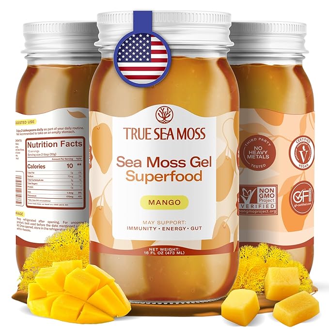 TrueSeaMoss Sea Moss Gel – Made in USA – Wildcrafted Seamoss, Fresh Fruits & Sea Vegetables – Mango, Pack of 1 (Labels May Vary)
