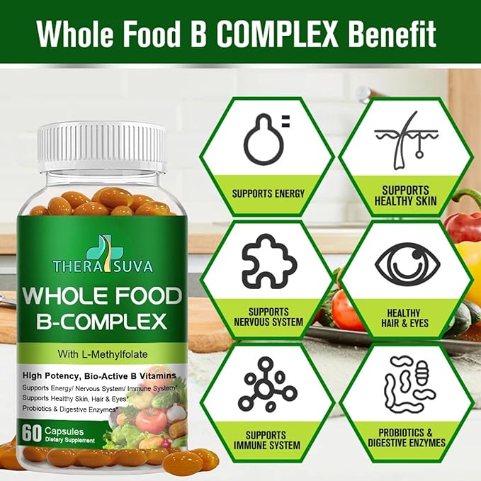 Vitamin B-Complex - Natural Whole Food Supplement, 100% Vegan Sourced + Metabolism, Immune & Digestive Support! 120 Capsules 60 Day Supply