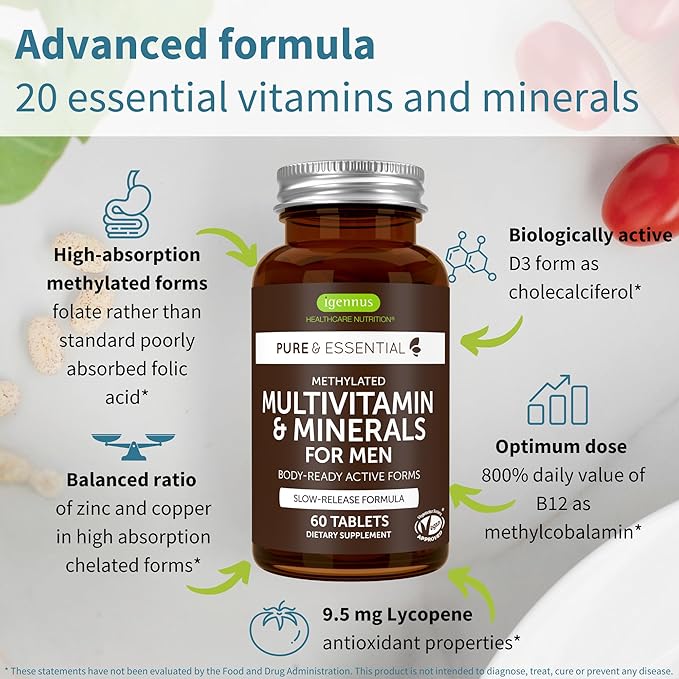 Igennus Methylated Men's Multivitamin, MTHFR Supplement with Active B-Vitamins, 22 Highly Bioavailable Nutrients, Multivitamin for Sustained Release, Clean Label, Non-GMO & Halal 60 Tablets