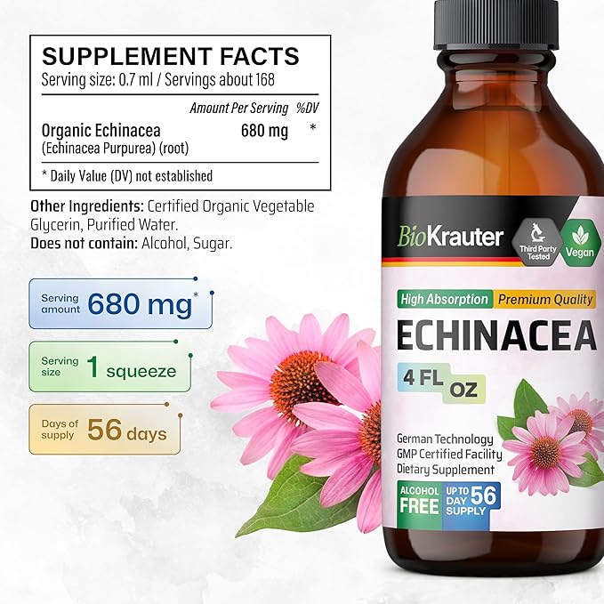 BIO KRAUTER Echinacea Drops - Natural Immune Support - Echinacea Tincture Supplement - Vegan, Alcohol & Sugar Free Drops - 4 Fl.Oz.