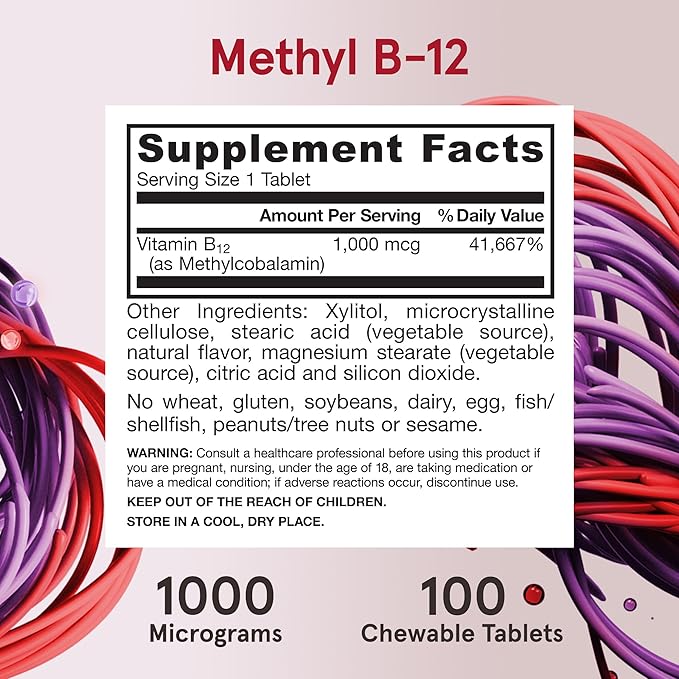 Jarrow Formulas Extra Strength Methyl B-12, Dietary Supplement for Cellular Energy Production, 100 Lemon-Flavored Chewable Tablets, Up to a 100 Day Supply