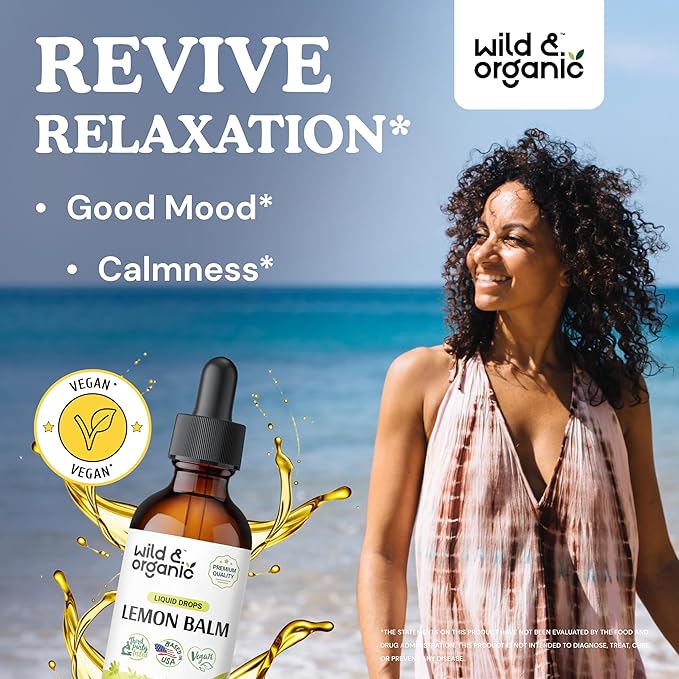 Wild & Organic Lemon Balm Drops - Relaxing Lemon Balm Leaf Extract Supplement - Calming Melissa Officinalis Tincture - Vegan, Sugar & Alcohol-Free - 2 fl oz