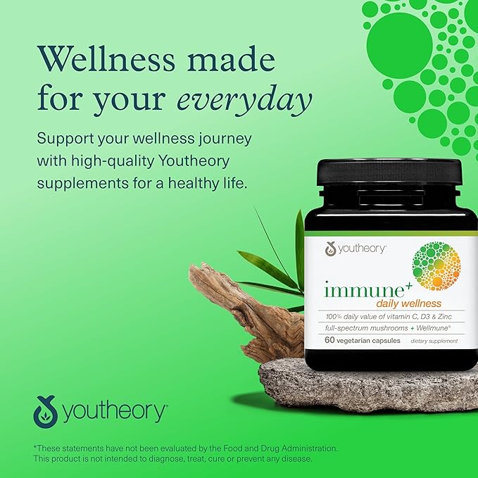 Youtheory Immune+ Daily Wellness - Vegetarian Immune Support Supplement with Vitamin C, Vitamin D3 & Zinc* - Mushroom Supplement with Turkey Tail, Cordyceps & Reishi - 60 Vegetarian Caps