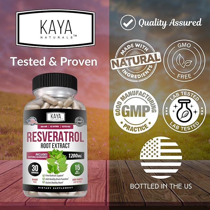Kaya Naturals - Resveratrol Capsules - Anti Aging Supplement - Antioxidants with Brain Support - Maximum Benefits - 30 Veggies Capsules