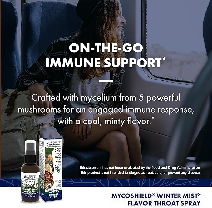 Host Defense MycoShield Throat Spray - Immune Health Support - Dietary Mushroom Supplement with Chaga, Reishi, Turkey Tail & More - On-The-Go Immune Support - Winter Mist, 1 fl oz (71 Servings)*