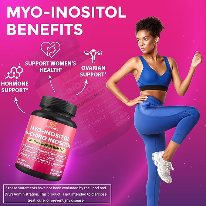 BMVINVOL Inositol Supplement - Myo-Inositol and D-Chiro Inositol Ideal 40:1 Ratio - Plus Berberine, Cinnamon, Ashwagandha + 5 More - 60 Capsules