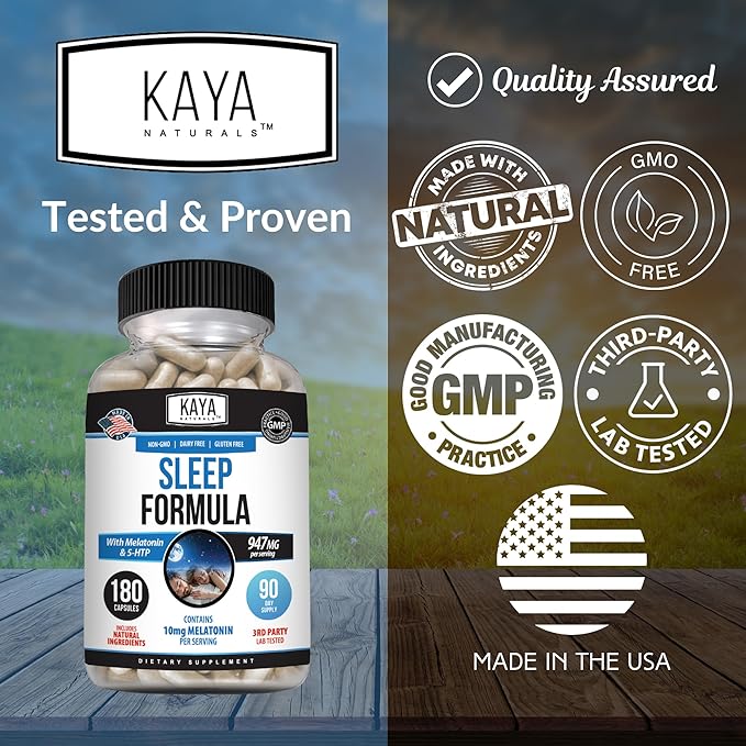 Kaya Naturals - Sleep Support Formula with Melatonin - Aid Support Vitamin Supplement - Sleep Stress and Mood Support - L-Tryptophan, Passion Flower, Ashwagandha and More - 180 Capsules (180 Count)