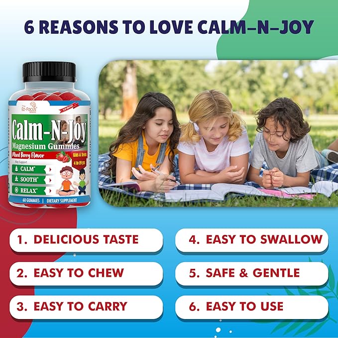Magnesium Citrate Supplement for Kids & Teens, Anti-Stress Calm Magnesium Gummies Support Relaxed Muscles, Sleep, Bone Health, Gluten Free, Low Sugar 60 Ct