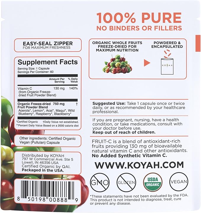 KOYAH Fruit-C Capsules, 130mg Natural Vitamin C from Organic Freeze-Dried Fruits (No Synthetic or Extracted Vitamin C), Whole-Food, Non-GMO, Vegan, 100% Pure. Immune & Antioxidant Support. 60 Capsules
