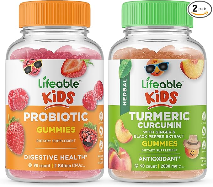 Lifeable Probiotic 2 Billion CFU Kids + Turmeric Curcumin Kids, Gummies Bundle - Great Tasting, Vitamin Supplement, Gluten Free, GMO Free, Chewable Gummy