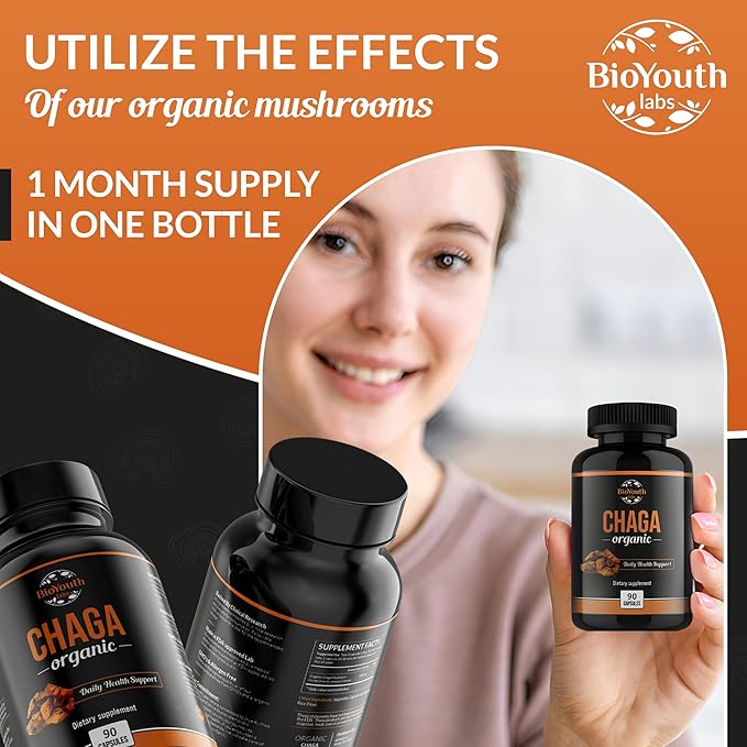 Chaga Capsules Organic Supplement | Supports Immune Health & Vitality | Daily Immune Support | Organic Chaga Mushroom Extract | 90 Capsules (1 Month Supply)