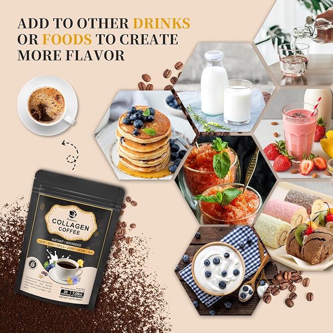Instant Collagen Coffee with Vitamin C, B7, B9, Collagen Peptide Powder with Reseratrol, Carnosine for Hair Skin Nails Bones