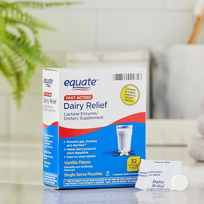 Equate Fast Acting Dairy Relief Lactase Enzyme Dietary Supplement Vanilla Flavor chewables Tablets 32 Count (Pack of 1) + CreativeAndBundle Sticker