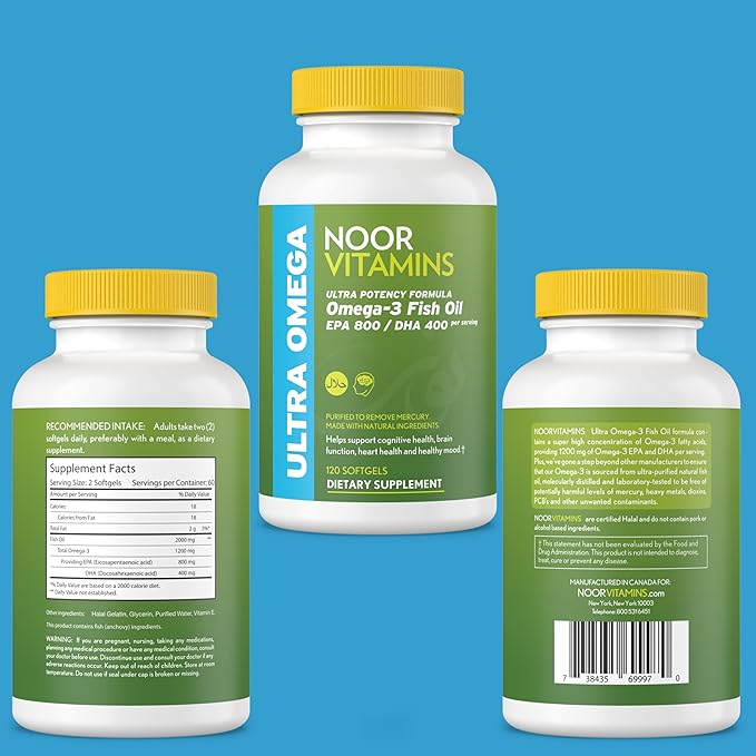 Noor Vitamins Halal Fish Oil, Halal Vitamins, Ultra Omega 3 Wild Peruvian Fish (800 mg EPA & 400 mg DHA) Heart, Brain & Joint Support, Non-GMO and Gluten Free (120 Count)