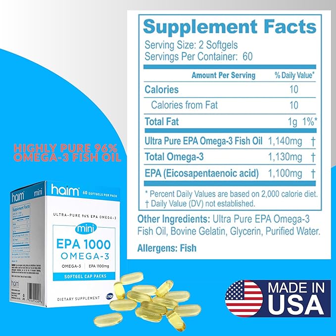 Haim EPA1000 MINI – Pure EPA Fish Oil Supplement – 1,100mg Omega-3 for Heart, Brain & Joint Health – High Potency, Burpless Softgels – Small, Easy-to-Swallow Capsules – 60 Softgels – Made in USA