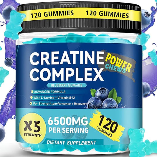 Creatine Monohydrate Gummies 6500mg per Serving for Men & Women - 120 Gummies X5 Strength Sugar Free Chewable Creatine for Muscle Builder, Muscle Strength, Pre-Workout Supplement (Blueberry)