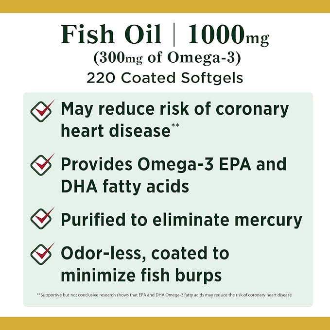 Nature's Bounty Fish Oil 1000 mg Coated Softgels, 220 Count
