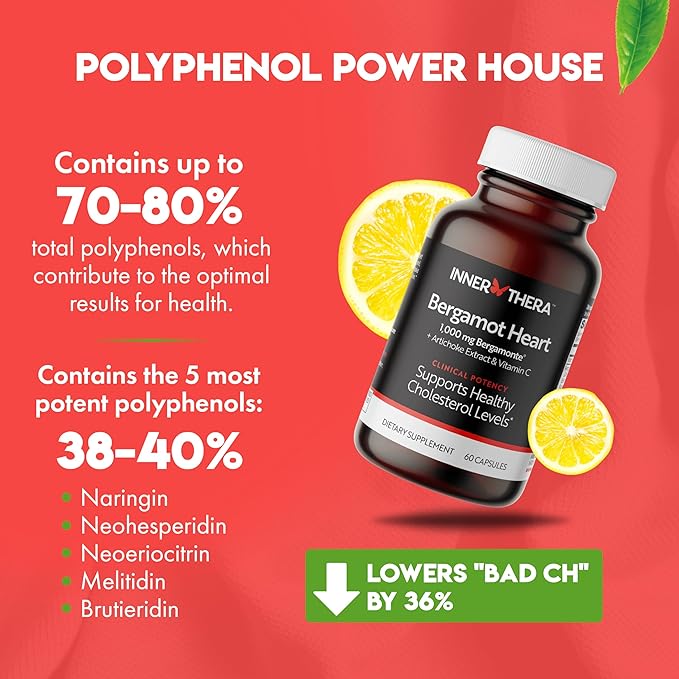 Bergamot Heart -1000mg Certified Bergamonte Citrus Bergamot - Cardiologist Developed & Clinically Proven - Highest Polyphenols - Supplement for High Cholesterol & Heart Health