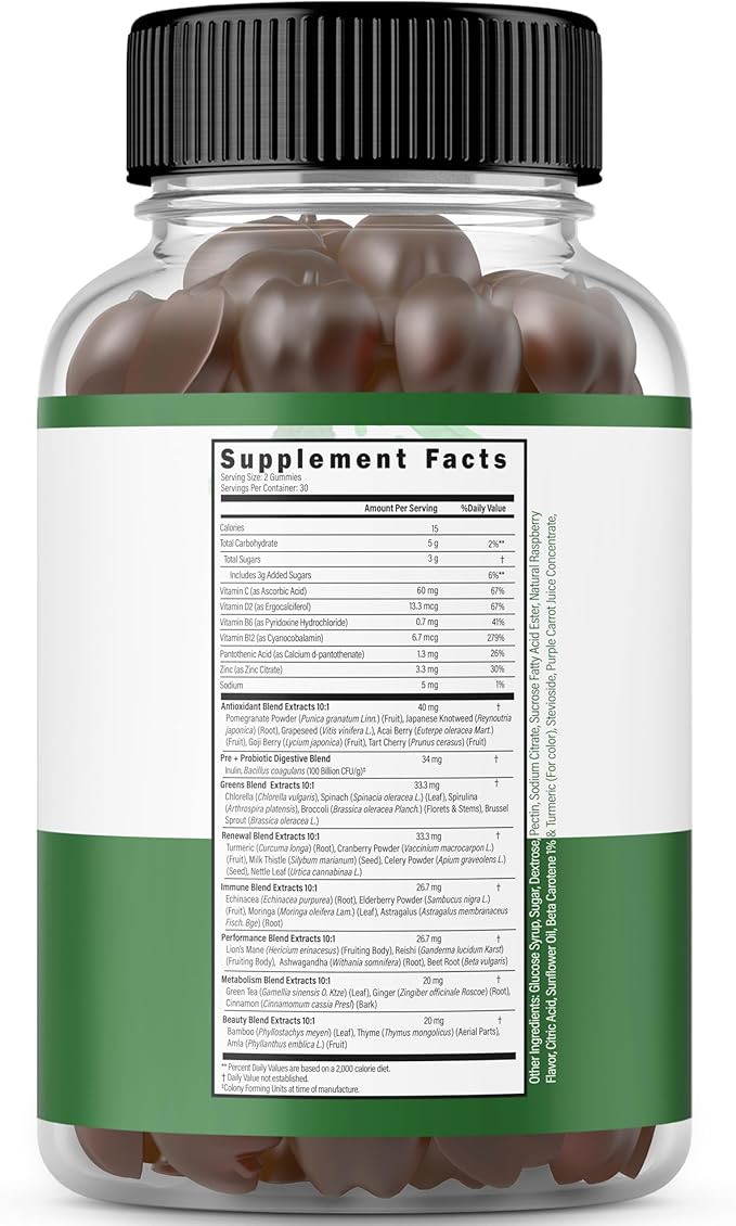 Supergreens Gummies (60 Count) Daily Greens Gummies - Greens Supplements with 8 Ingredient Power Blend - Superfood for Immunity Support for Adults - Third Party Tested, Vegan & USA Made