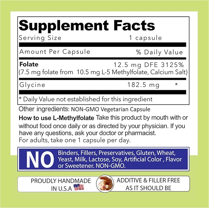 Our Daily Vites L-Methylfolate 7.5 mg / 7500 mcg Maximum Strength Active Folate, 5-MTHF, Filler Free, Gluten Free, Non-GMO, Vegetarian Capsules 60 Capsules