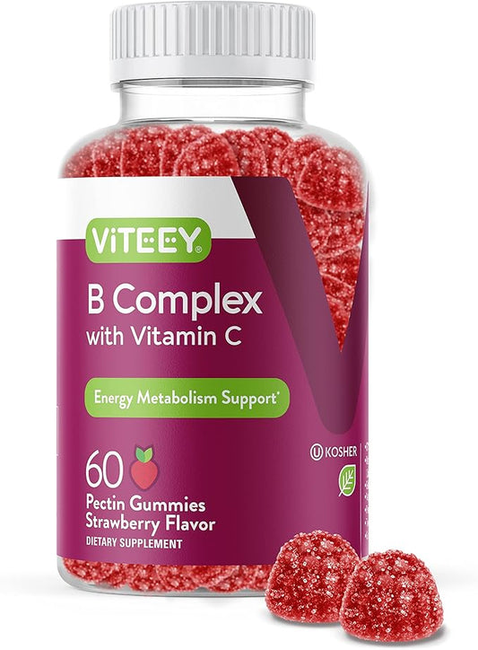 Vitamin B Complex Gummies for Adults with Vitamin C, B6, B12, Niacinamide, Folic Acid, Biotin, Calcium - Supports Energy & Metabolism - Vegan, Gluten Free, Gelatin Free - Chewable Strawberry Flavored