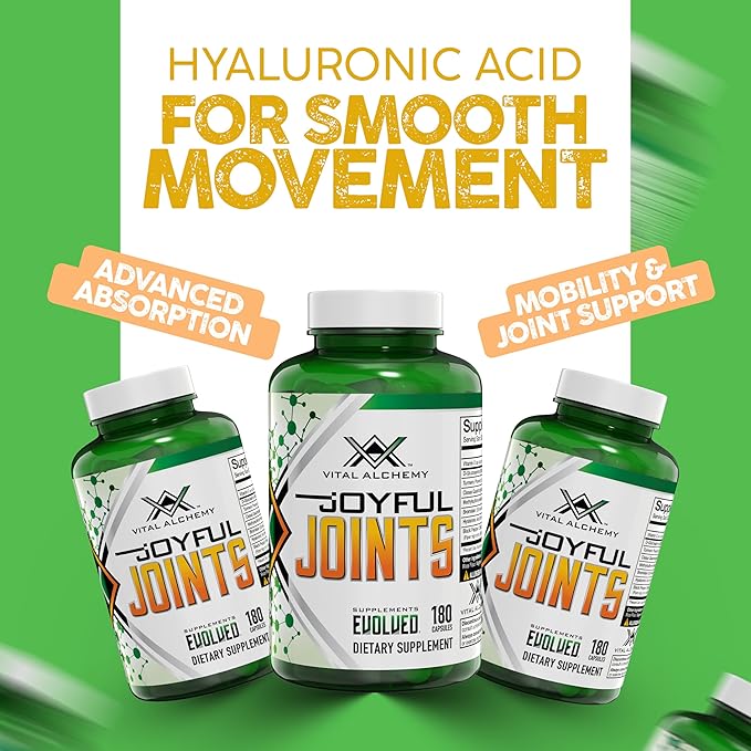 Vital Alchemy Joyful Joints Support Supplement for Women & Men with MSM, Glucosamine Sulfate 1500 mg,Turmeric Supplement with Hyaluronic Acid, Bromelain, Bioperine, 180 Cap, 60 Day Supply - USA Made