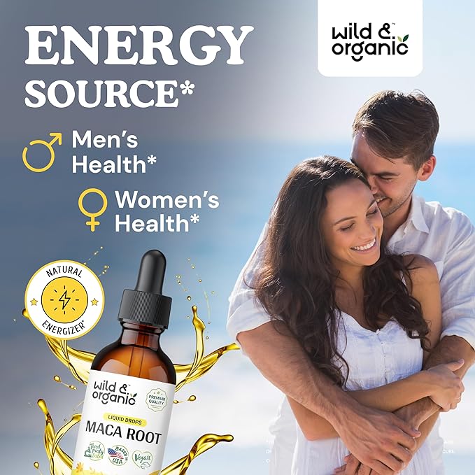 Wild & Organic Maca Root Drops for Women & Men - Mood, Focus, Active Lifestyle - Peruvian Maca Supplement - Vegan, Sugar & Alcohol-Free Tincture - 2 fl oz
