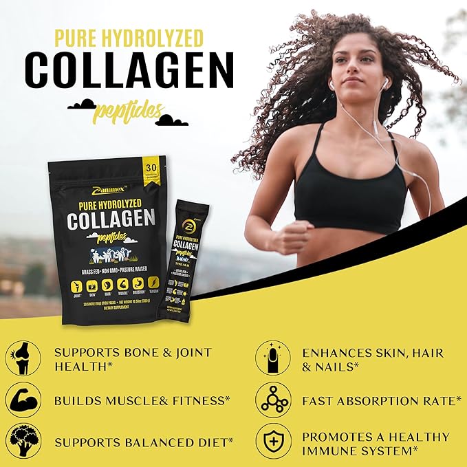 Zammex Premium Collagen Peptides Powder, 30 Sticks Travel Packets(Type I, III), Unflavored Collagen Protein Powder to Go, Hydrolyzed Collagen Peptide for Skin Hair Nail Joint, 10g per Serving