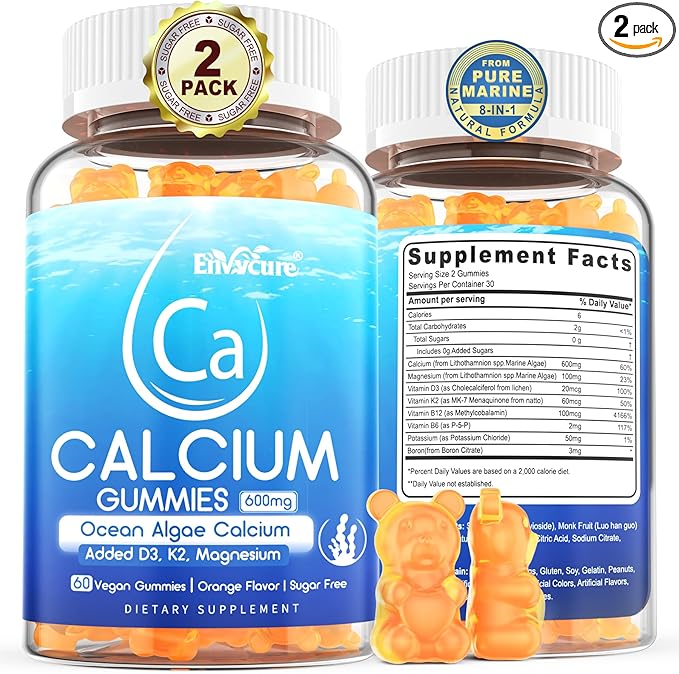 Calcium Gummies 600mg - Calcium Supplement for Women, Ocean Algae Calcium | Vitamin D3, K2, Magnesium | for Bone Strength, Muscle & Immnue | Sustainably Sourced Algae Calcium, 70+ Mineral, Vegan,2PACK